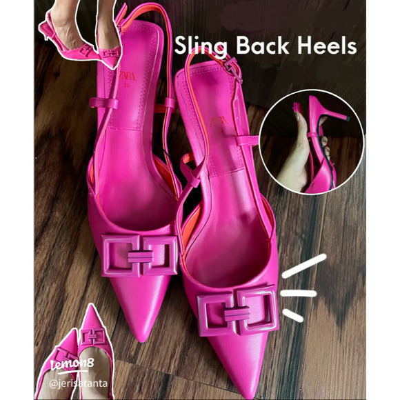 ZARA Leather Heels with Front Buckle NWT | Fuchsia Slingback Size 7.5 - Picture 4 of 16